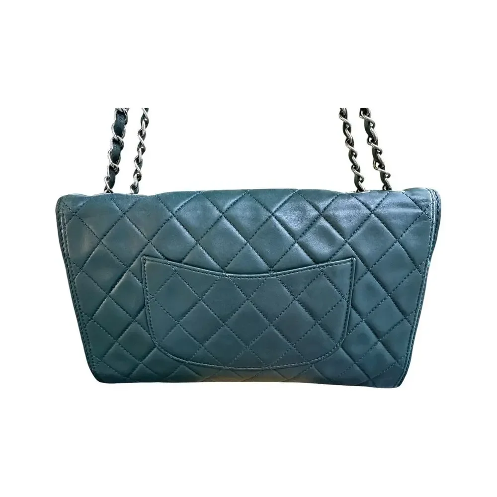 Chanel Classic Flap Jumbo Accordion Dark Green Lambskin Silver Hardware w/ COA